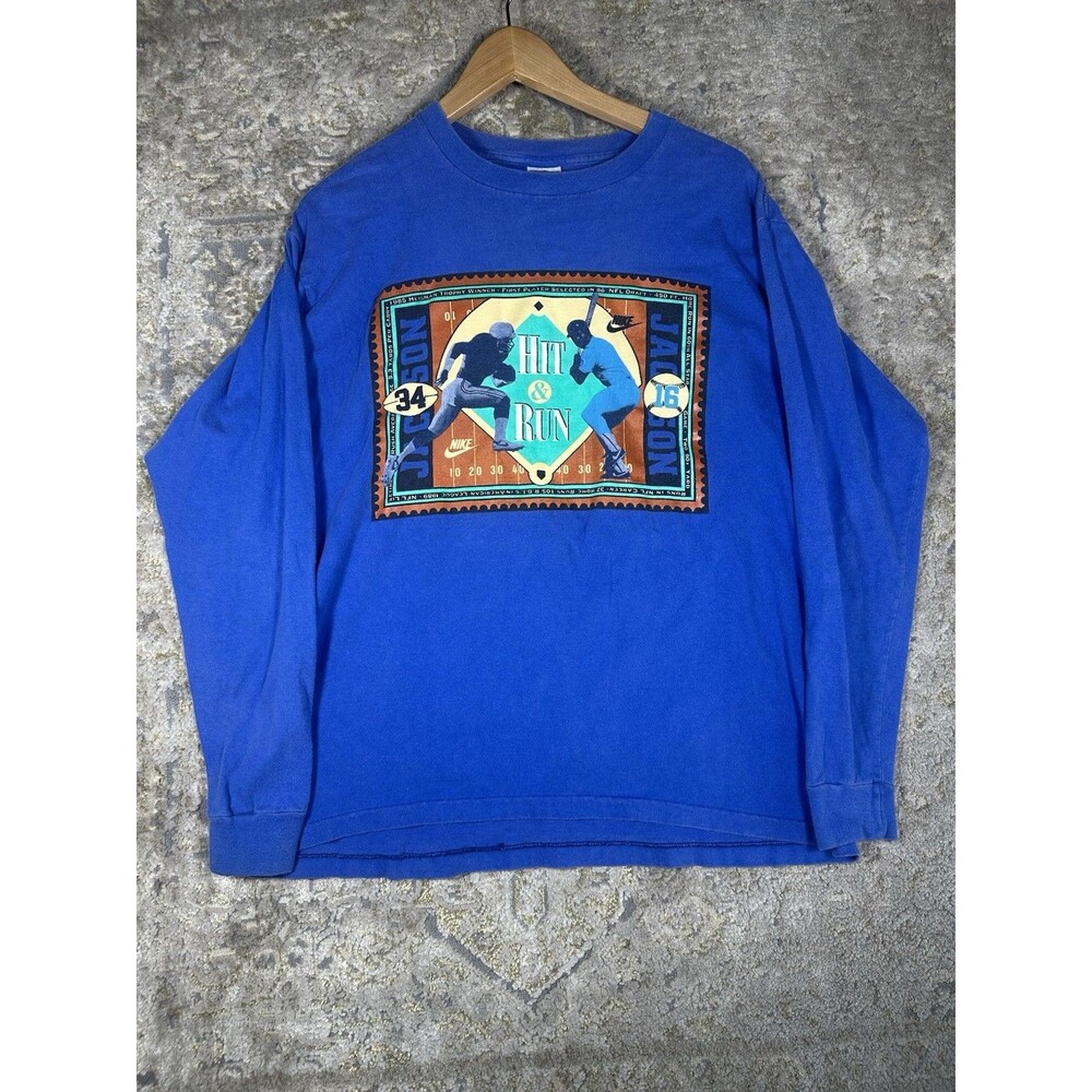 Vintage 90s Nike Bo Jackson Hit & Run Long Sleeve T Shirt Royal Blue XLarge USA